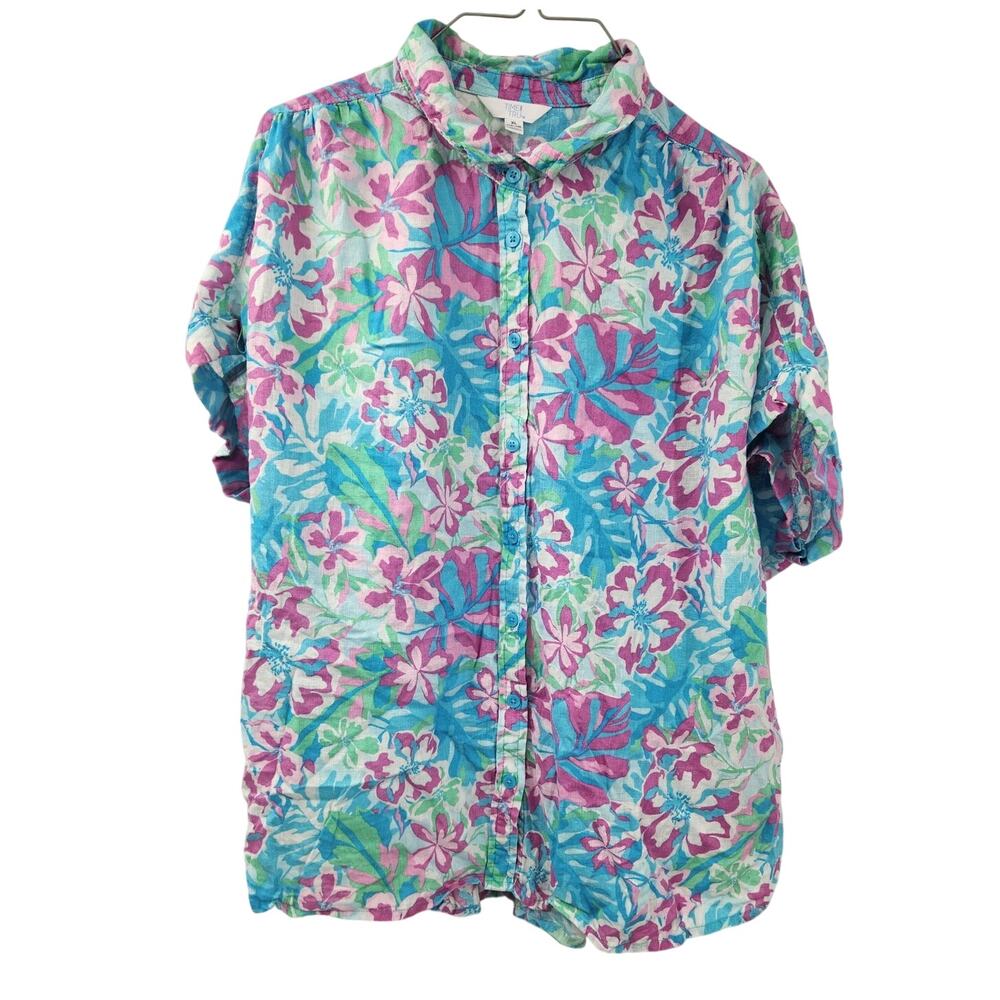 Time & Tru Blue Floral Print Button Down Short Sleeve Top Womens Size XL (16-18)